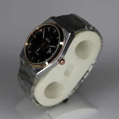 RICK Stainless Steel Watch with Black Dial and Rose Gold Accents