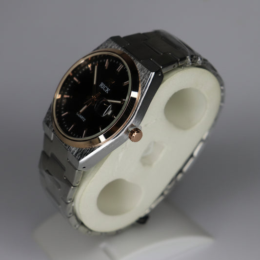 RICK Stainless Steel Watch with Black Dial and Rose Gold Accents