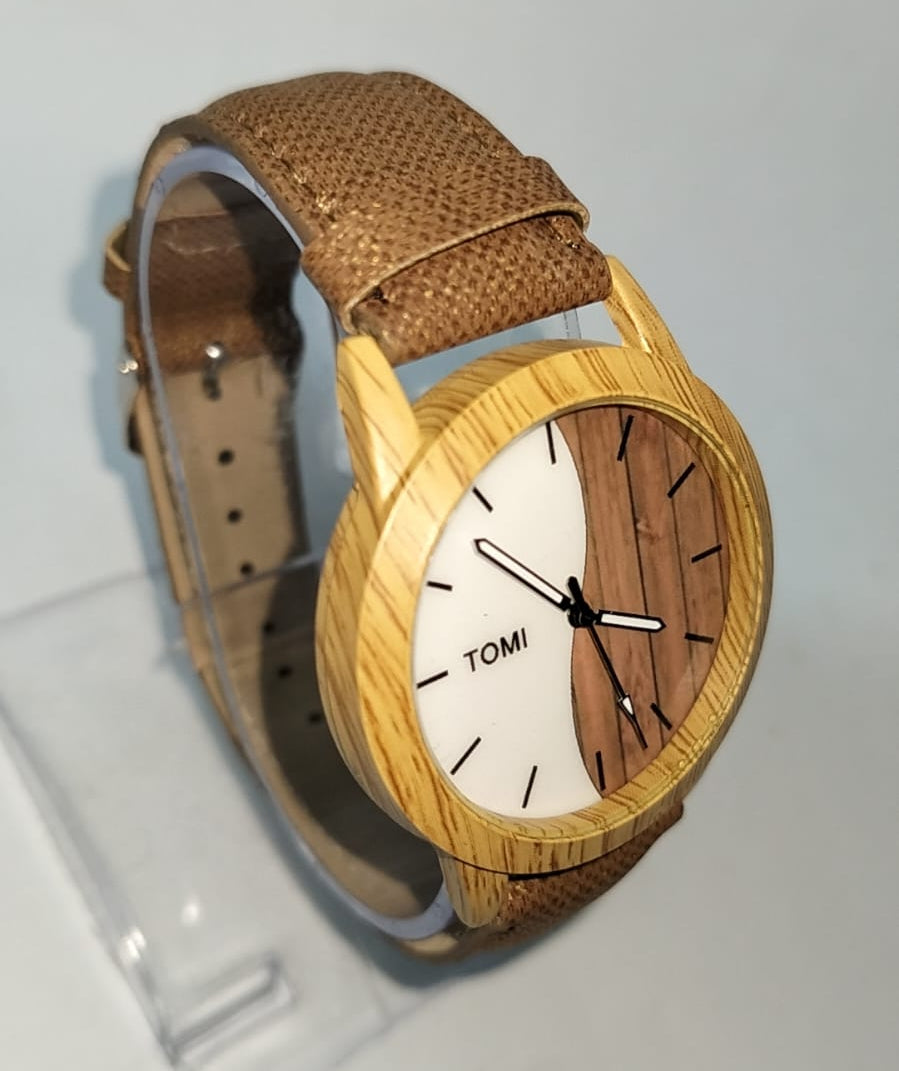 TOMI Wooden-Style Analog Watch – Dual-Tone Dial with Brown Fabric Strap