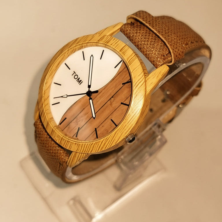 TOMI Wooden-Style Analog Watch – Dual-Tone Dial with Brown Fabric Strap