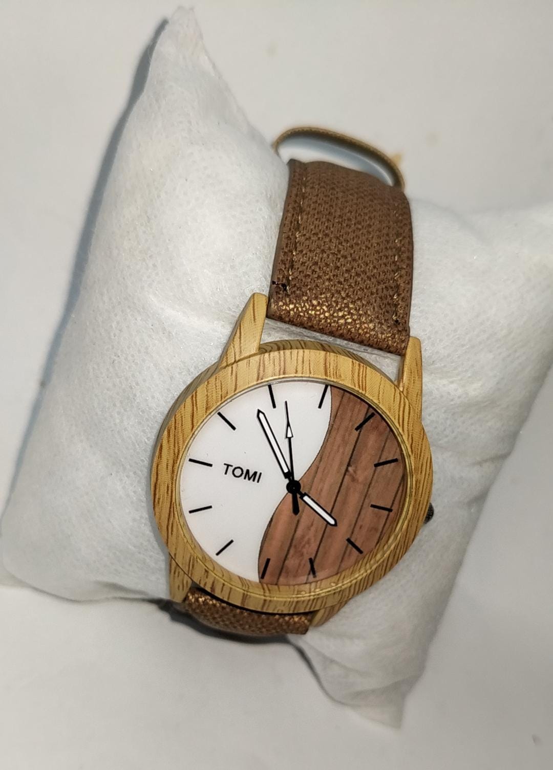 TOMI Wooden-Style Analog Watch – Dual-Tone Dial with Brown Fabric Strap