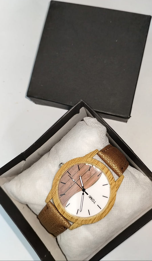 TOMI Wooden-Style Analog Watch – Dual-Tone Dial with Brown Fabric Strap
