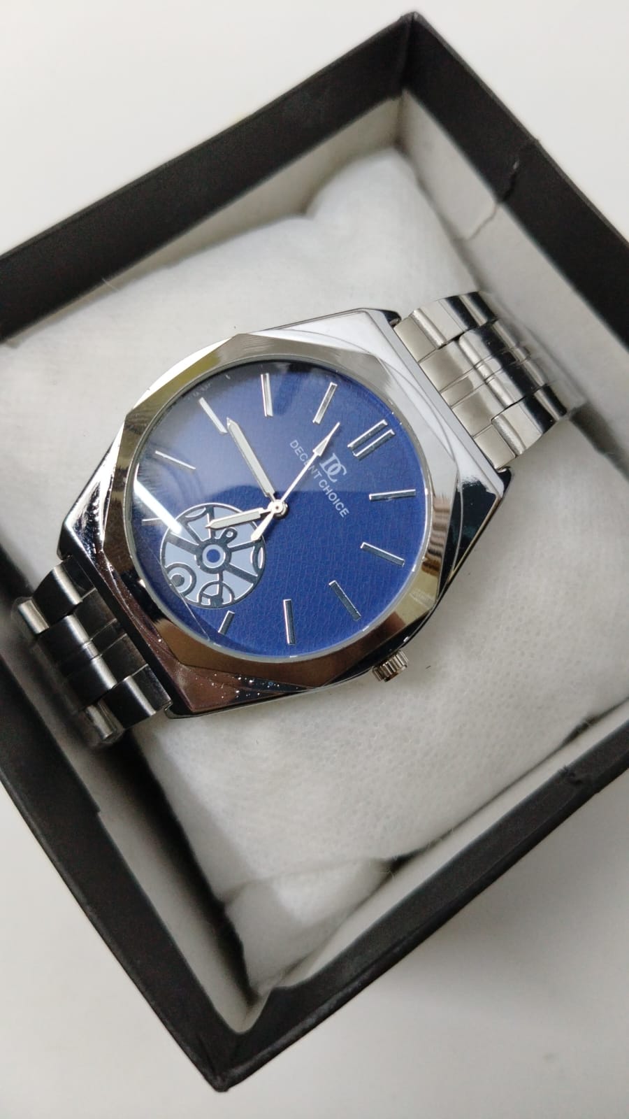 Decent Choice Men’s Stainless Steel Watch – Blue Textured Dial with Open-Heart Design