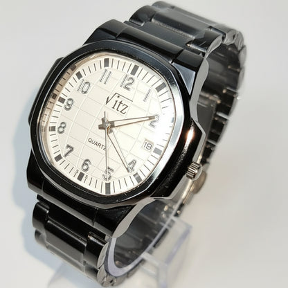 Vitz Men’s Black Stainless Steel Analog Watch | Silver Checkered Dial | Quartz Movement | Casual & Daily Wear Wristwatch