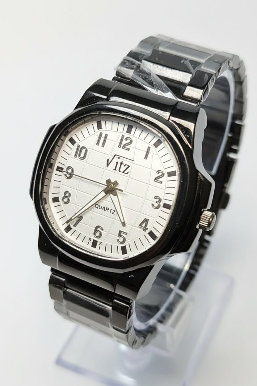 Vitz Men’s Black Stainless Steel Analog Watch | Silver Checkered Dial | Quartz Movement | Casual & Daily Wear Wristwatch