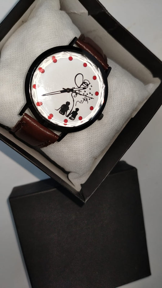 Romantic Couple-Themed Analog Wristwatch – Brown Leather Strap, Polka-Dot Dial