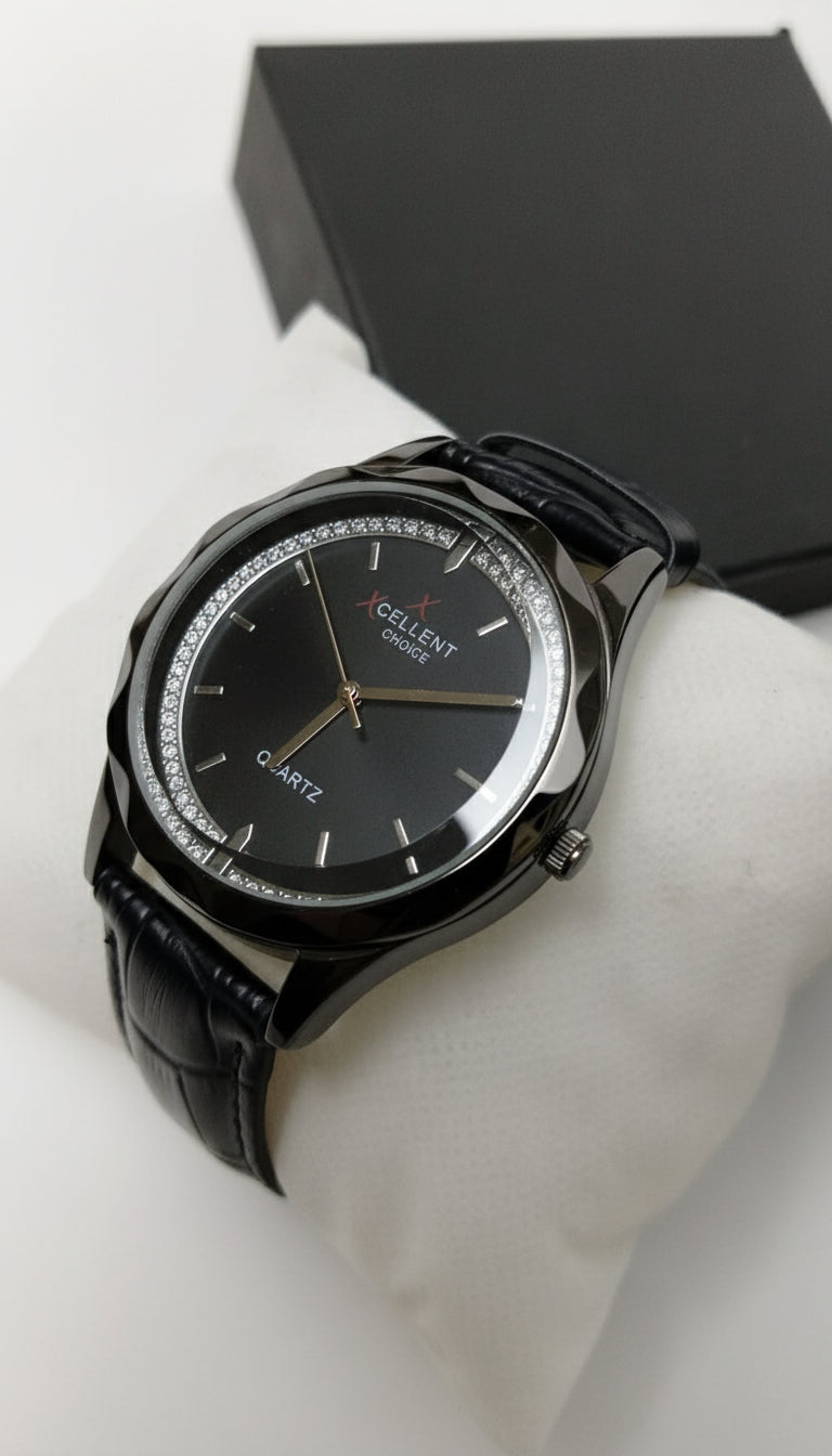 Elegant Black Classic Quartz Watch with Crystal Accents