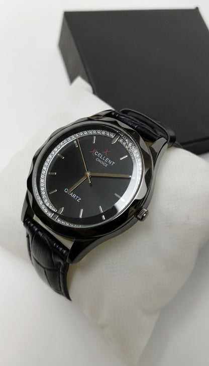 Elegant Black Classic Quartz Watch with Crystal Accents