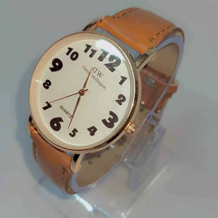Classic Analog Men’s & Women’s Wrist Watch with Large Bold Numerals | Elegant White Dial | Brown Leather Strap | Quartz Movement