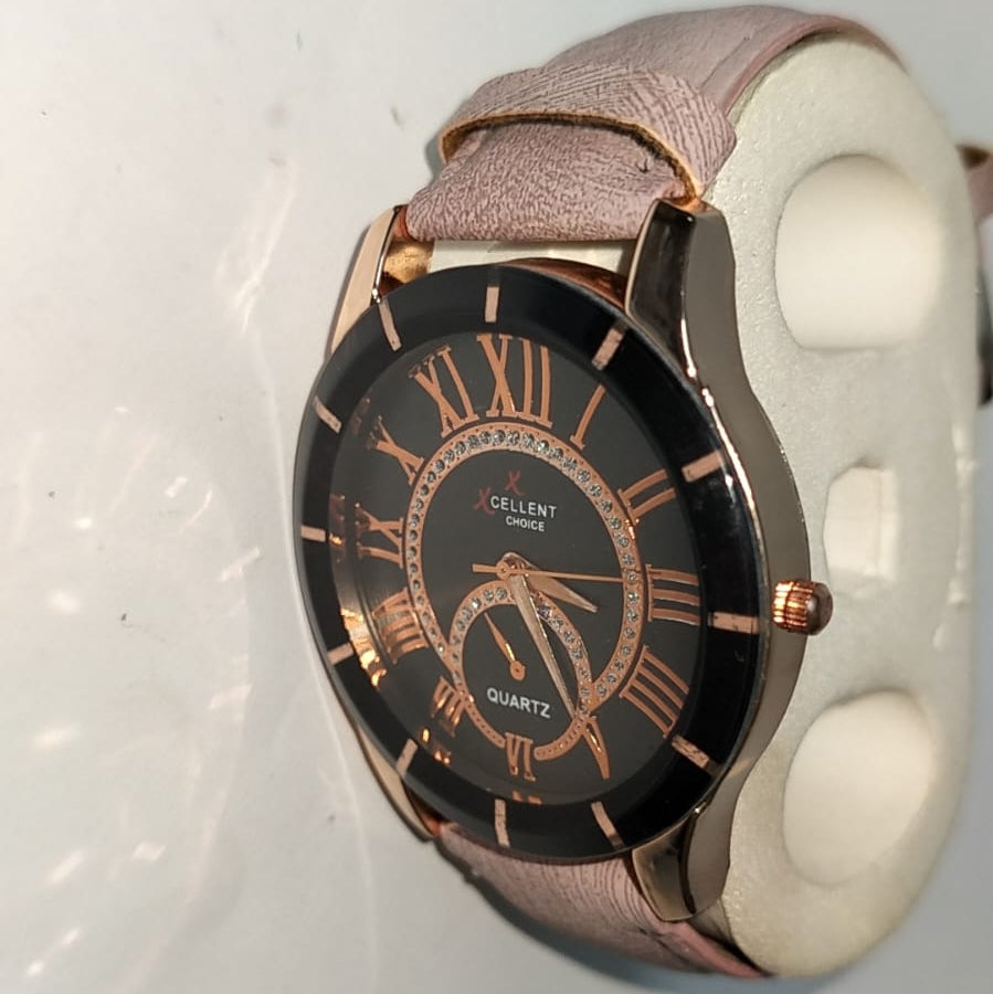 Xcellent Choice Women’s Analog Quartz Watch | Rose Gold Roman Numerals | Black Dial with Crystals | Premium Pink Leather Strap