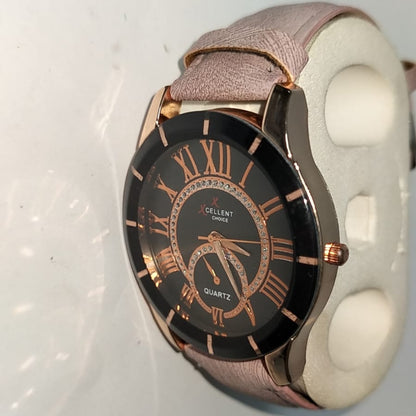 Xcellent Choice Women’s Analog Quartz Watch | Rose Gold Roman Numerals | Black Dial with Crystals | Premium Pink Leather Strap