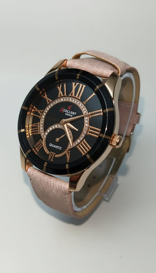 Xcellent Choice Women’s Analog Quartz Watch | Rose Gold Roman Numerals | Black Dial with Crystals | Premium Pink Leather Strap