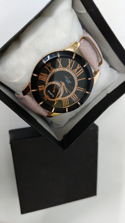 Xcellent Choice Women’s Analog Quartz Watch | Rose Gold Roman Numerals | Black Dial with Crystals | Premium Pink Leather Strap