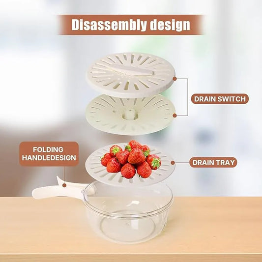 Folding Handle Drain Basket with Lid Fruit Vegetable Washing Bowl