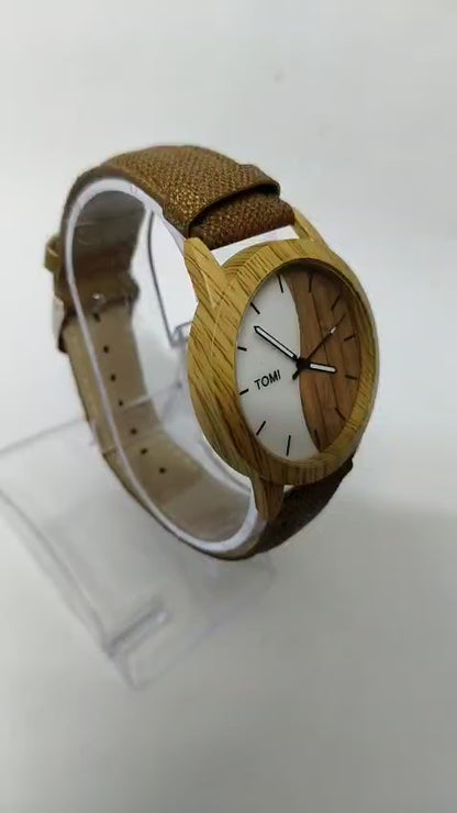 TOMI Wooden-Style Analog Watch – Dual-Tone Dial with Brown Fabric Strap