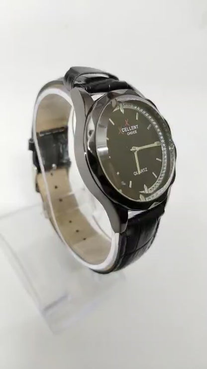 Elegant Black Classic Quartz Watch with Crystal Accents