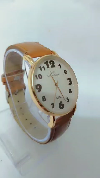 Classic Analog Men’s & Women’s Wrist Watch with Large Bold Numerals | Elegant White Dial | Brown Leather Strap | Quartz Movement