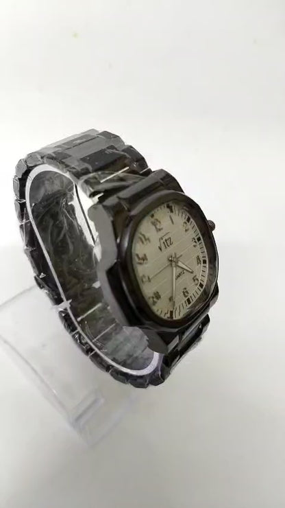 Vitz Men’s Black Stainless Steel Analog Watch | Silver Checkered Dial | Quartz Movement | Casual & Daily Wear Wristwatch