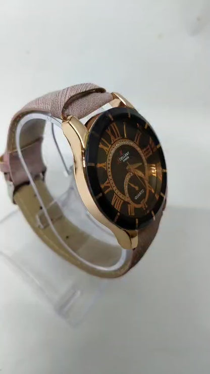 Xcellent Choice Women’s Analog Quartz Watch | Rose Gold Roman Numerals | Black Dial with Crystals | Premium Pink Leather Strap